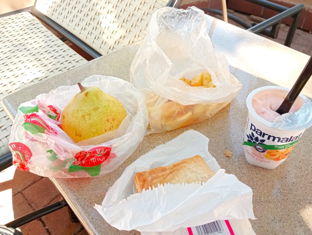 ボツワナ カサネ チョベサファリロッジでの昼食 洋梨、フライドポテト、ミートパイ、ヨーグルトなど