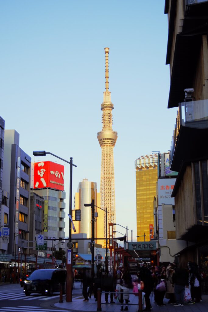 浅草の街から見るスカイツリー　夕方の街風景