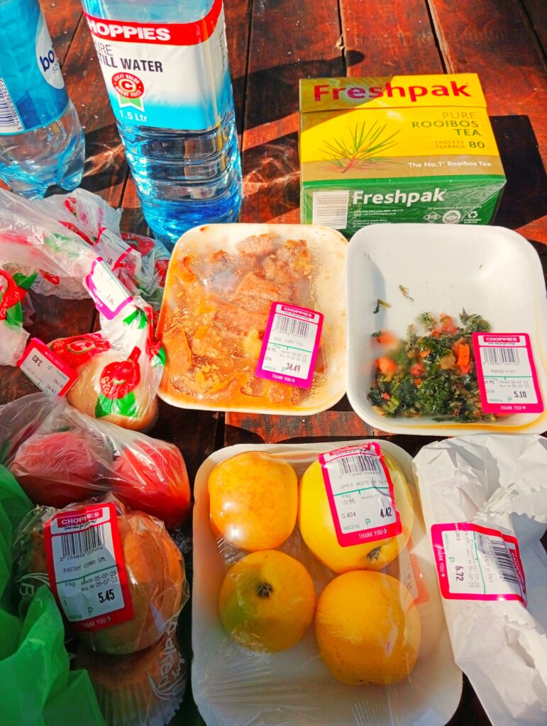 マウンの町で調達した食料品　水、惣菜、野菜・果物、ルイボスティーなど