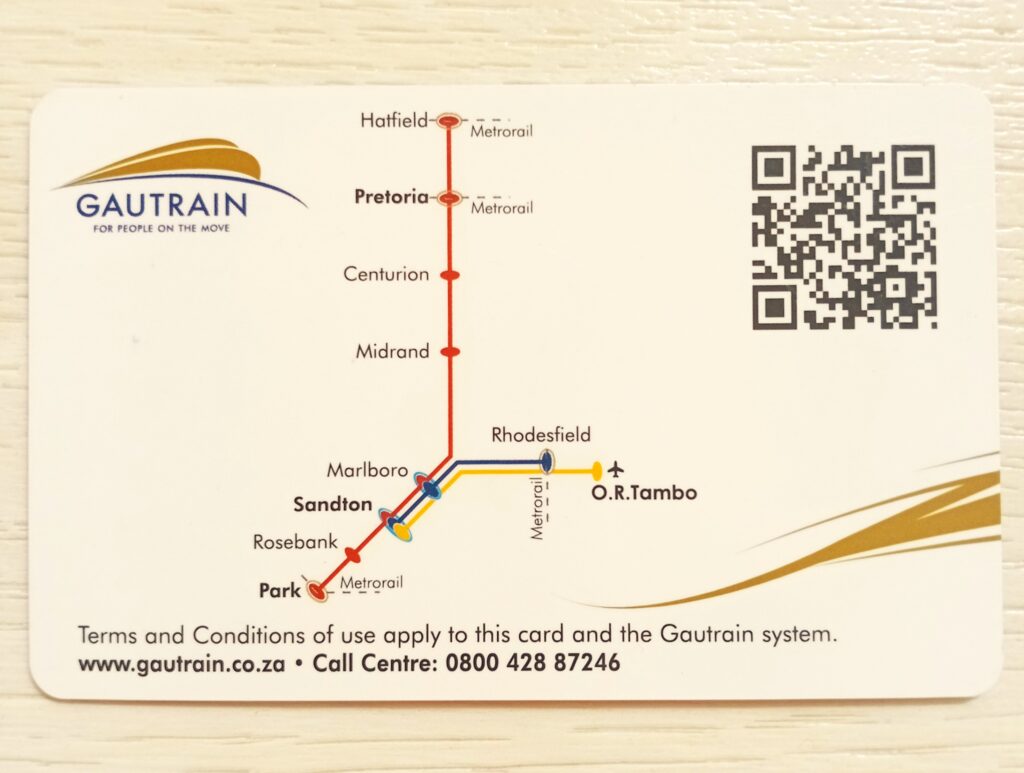 ハウトレイン（GAUTRAIN）のチャージ式ICカード　空港～プレトリア～ハットフィールドのルート図